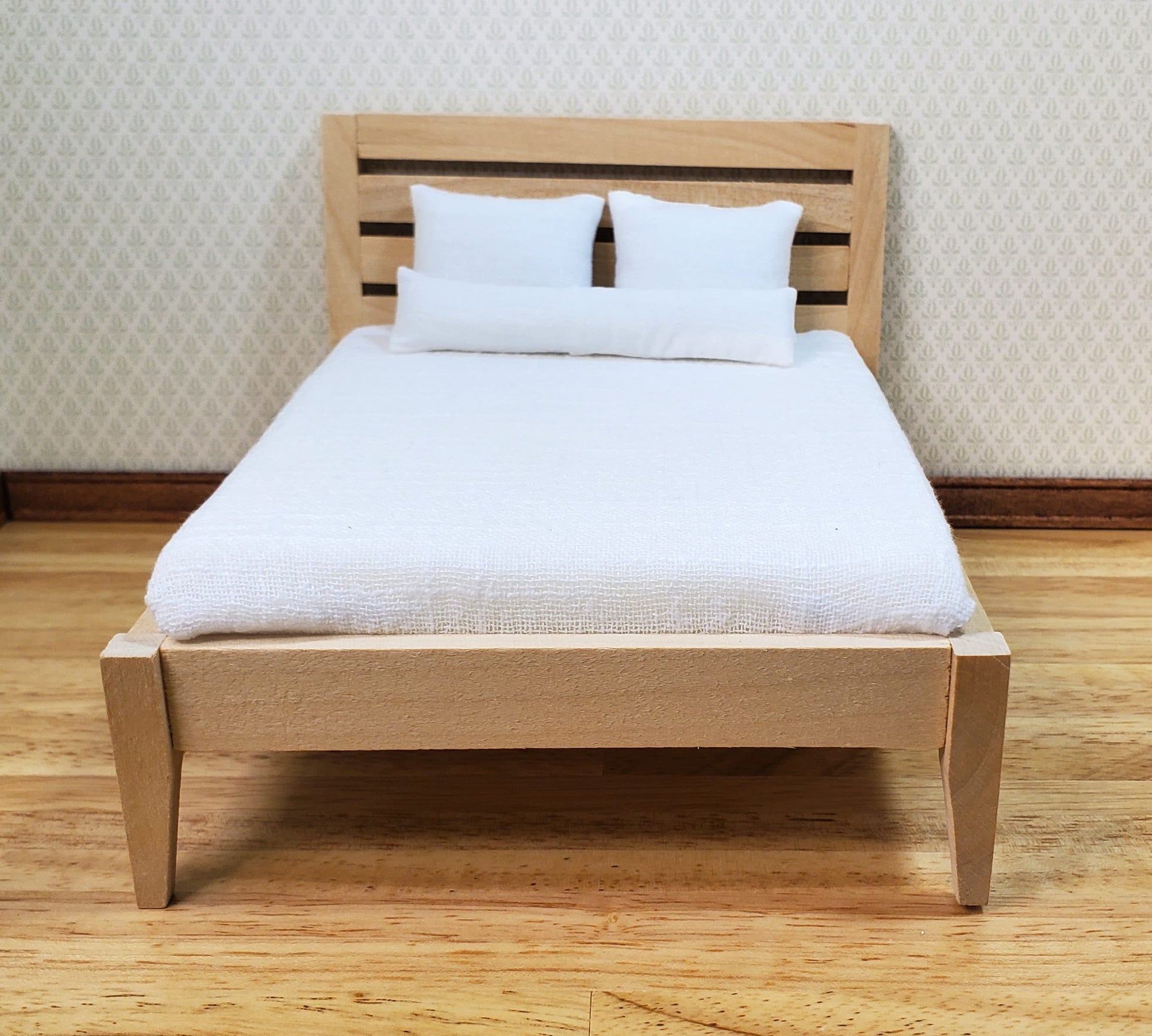 Dollhouse Double Bed Modern Style 1:12 Scale Miniature Wood Unpainted Furniture