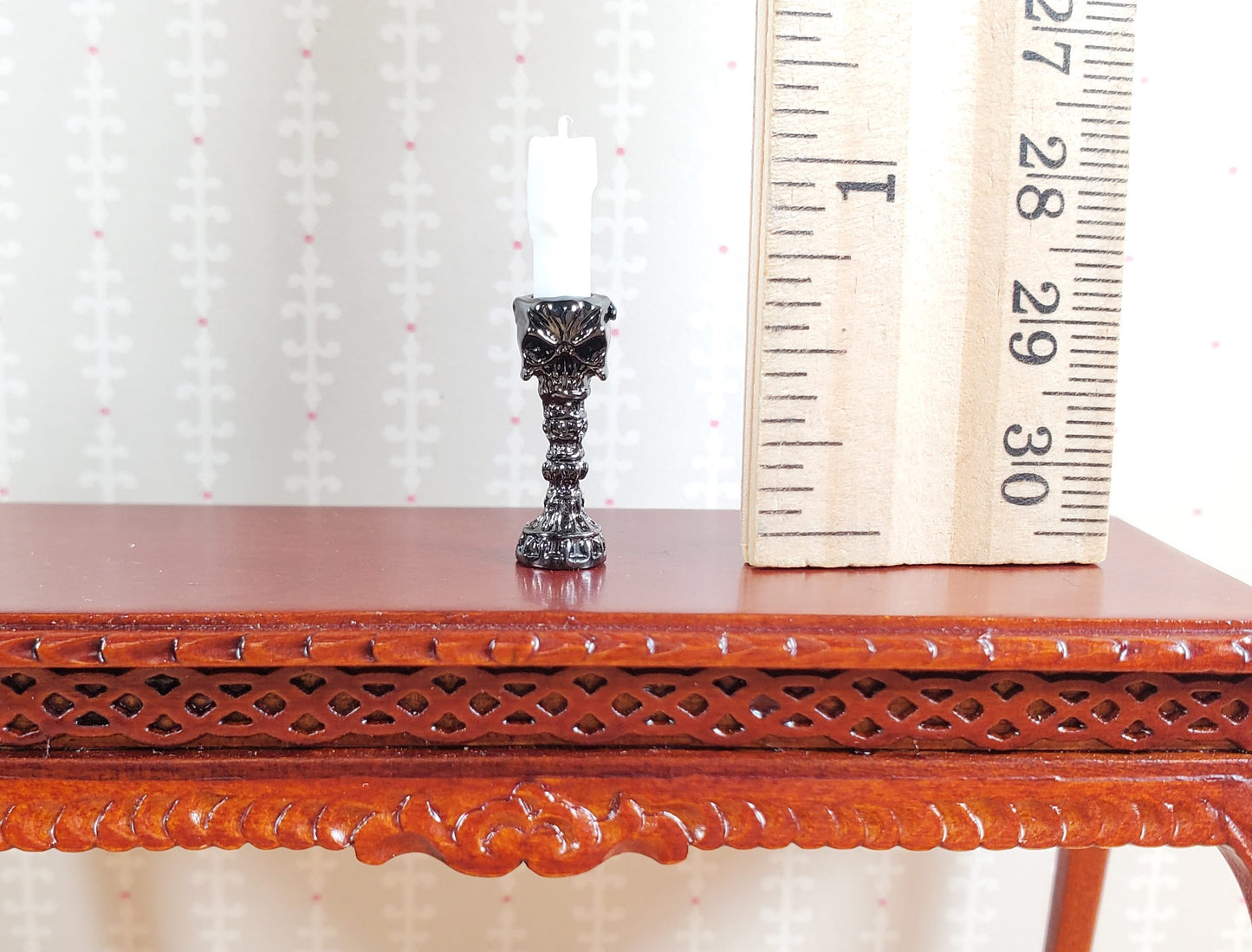 Dollhouse Skull Candlestick Silver Chrome Finish Metal 1:12 Scale 3/4" Tall