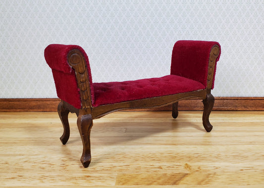 Dollhouse Settee Bench Red Padded Tufted Seat 1:12 Scale Walnut Finish Wood