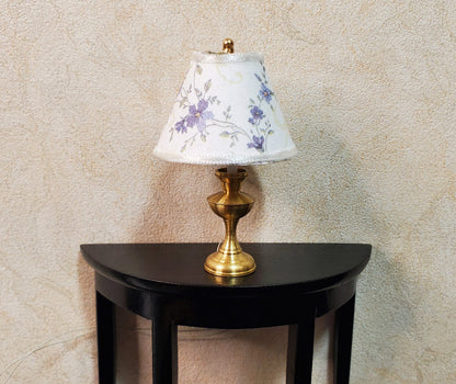Dollhouse Table Lamp Purple Floral Shade Brass Base 12 Volt Wired 1:12 Scale