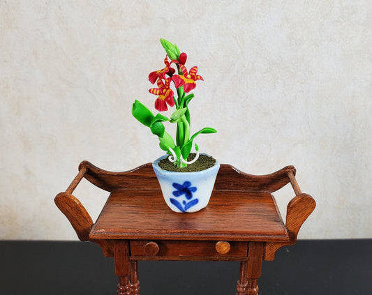 Dollhouse Orchid Flowers Plant in Ceramic Planter Red 1:12 Scale Miniature