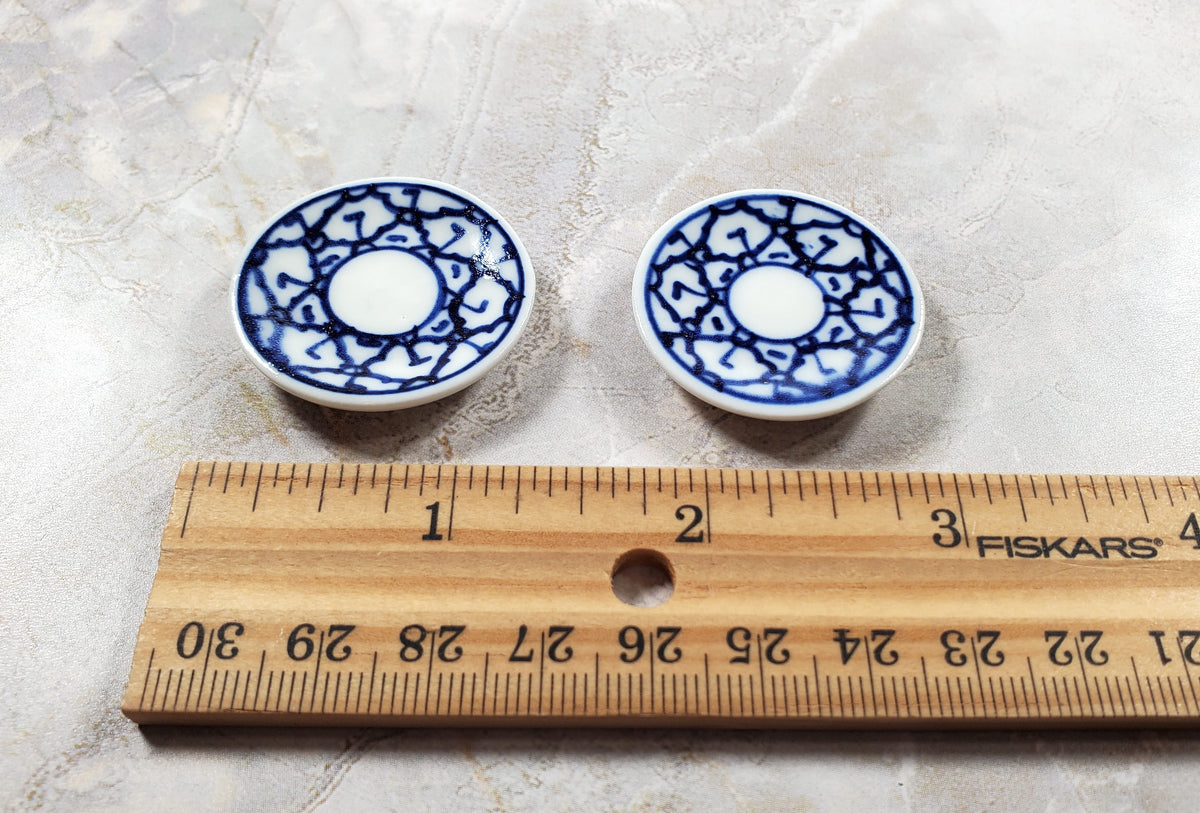 Dollhouse 2 Large Round Ceramic Platters Blue & White Design Miniature 1 1/4"
