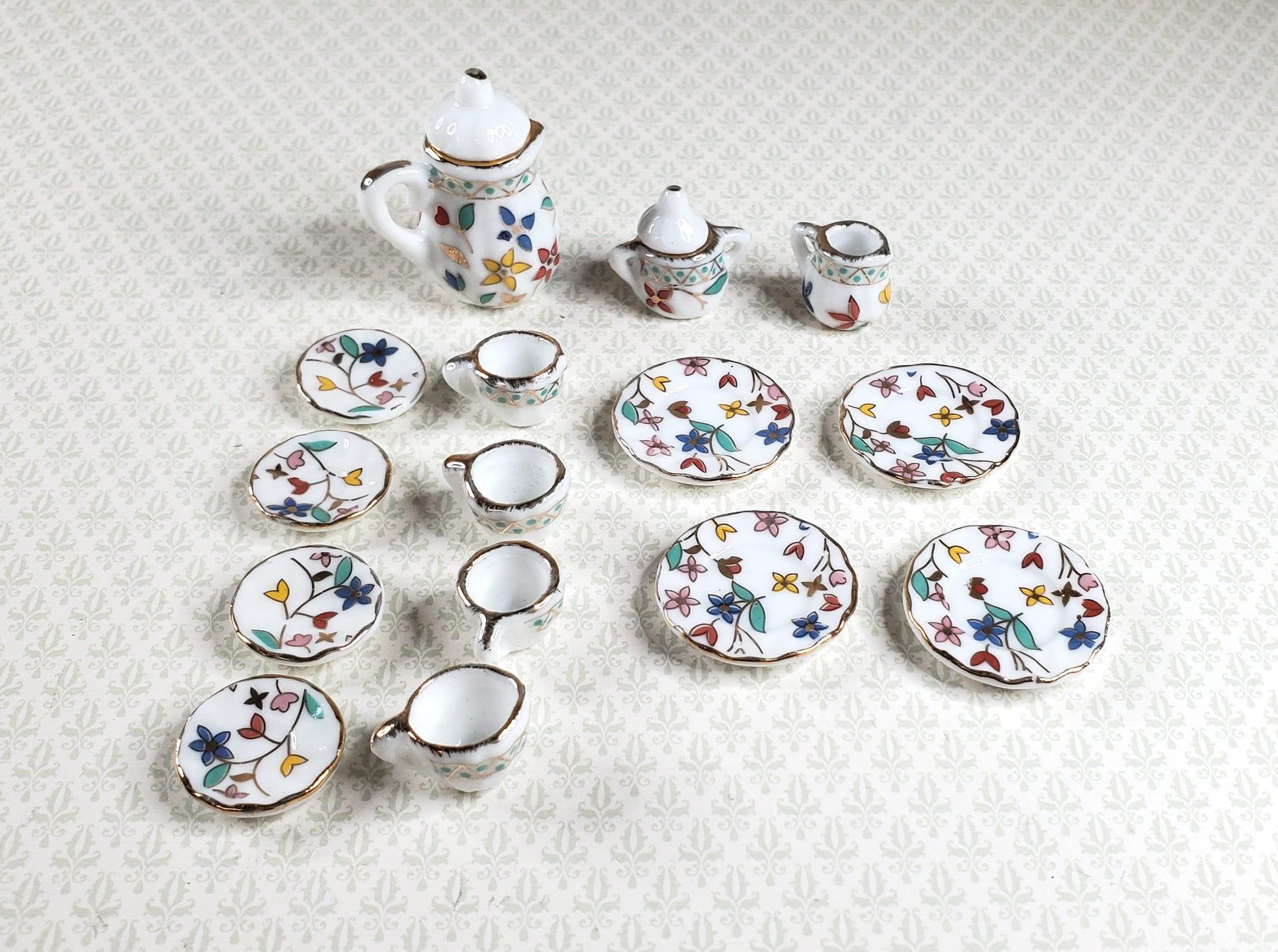 Dollhouse Coffee Set with Plates Ceramic Whimsey Flowers 1:12 Scale Miniature