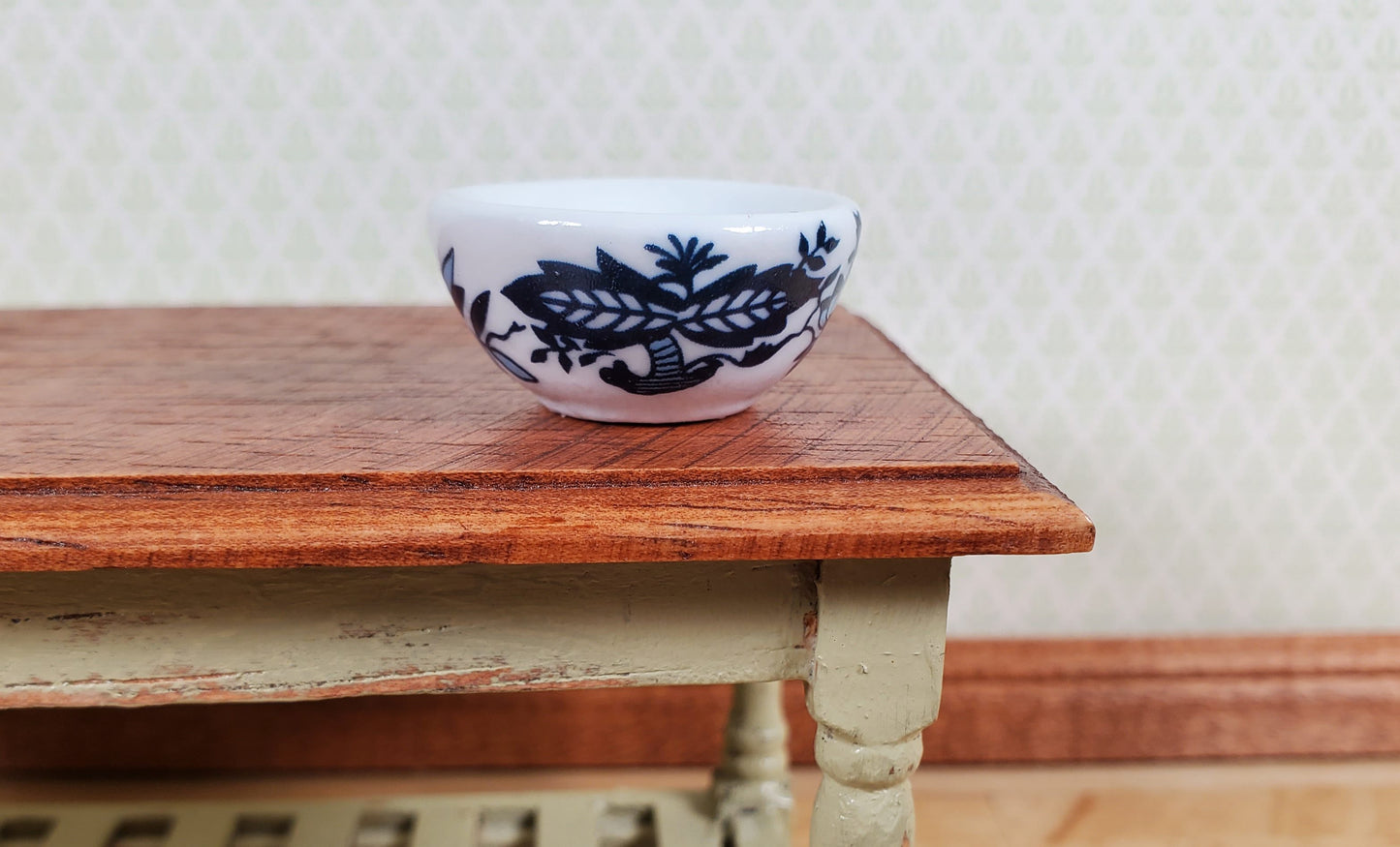 Dollhouse Large Serving Bowl Ceramic Blue White Floral 1:12 Scale Miniature