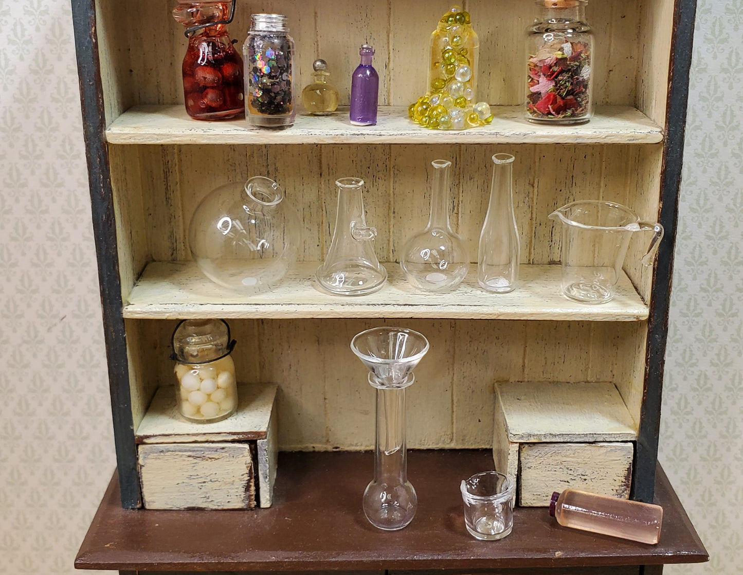 Dollhouse Miniature Mad Scientist Flask Jar Set Glass Beakers Funnel 1:12 Scale