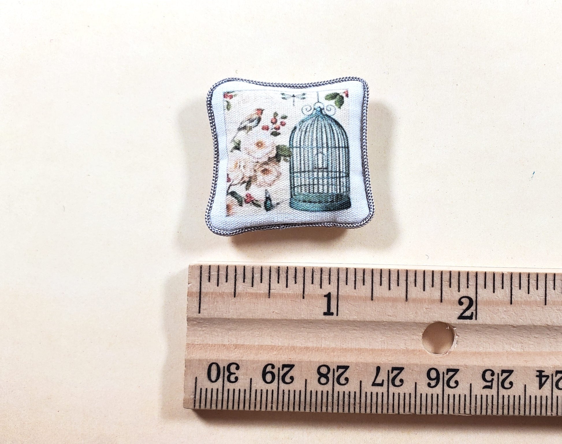 Dollhouse Green Birdcage & Butterfly Pillow Handmade 1:12 Scale Miniature