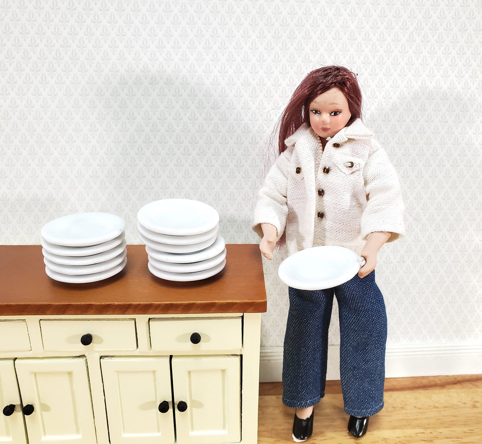 Dollhouse Glass Plates All White Ceramic Set of 12 Large Round 1 3/16"