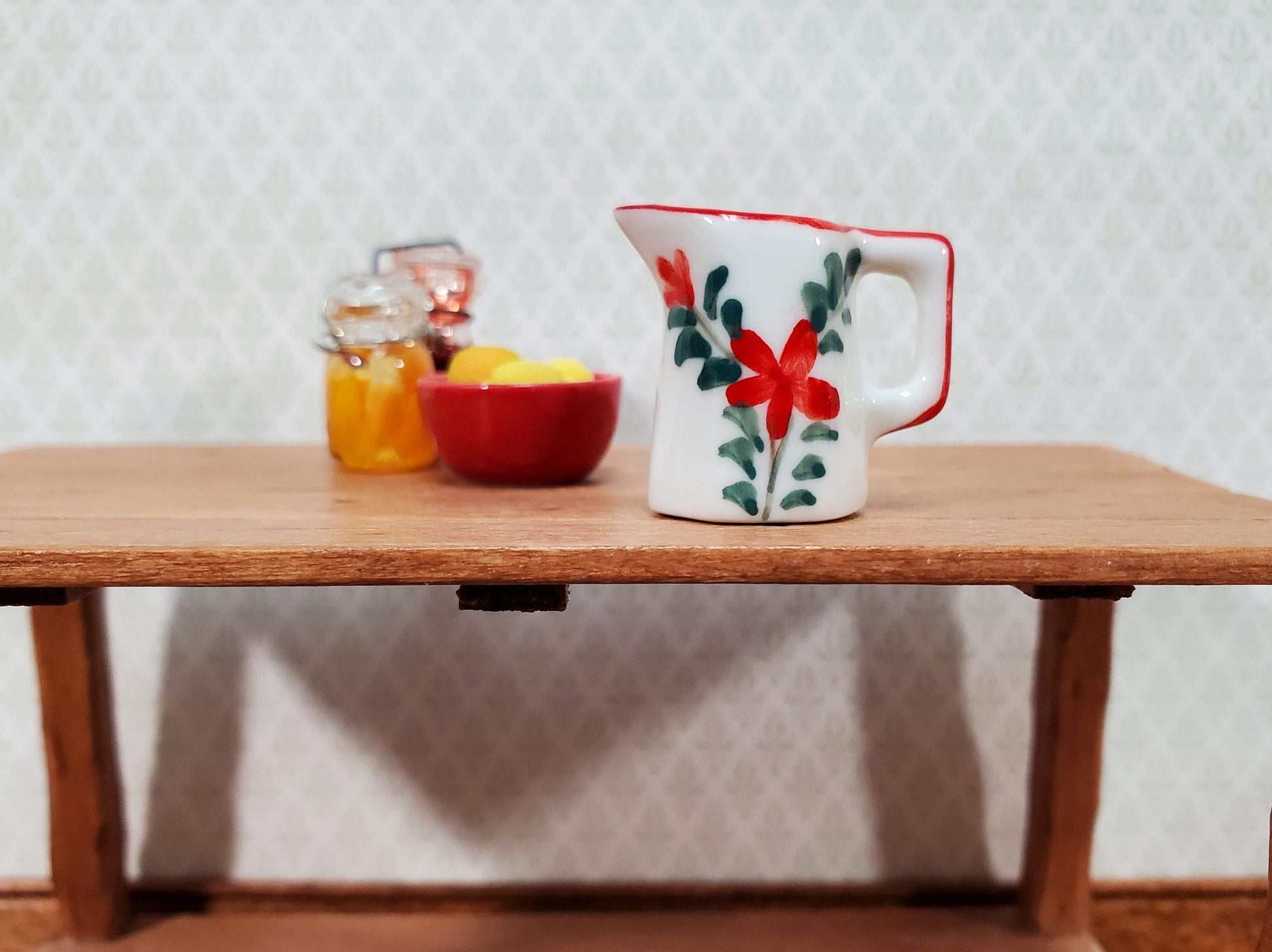Dollhouse Ceramic Pitcher White Green Red Floral Design with Handle 1:12 Scale