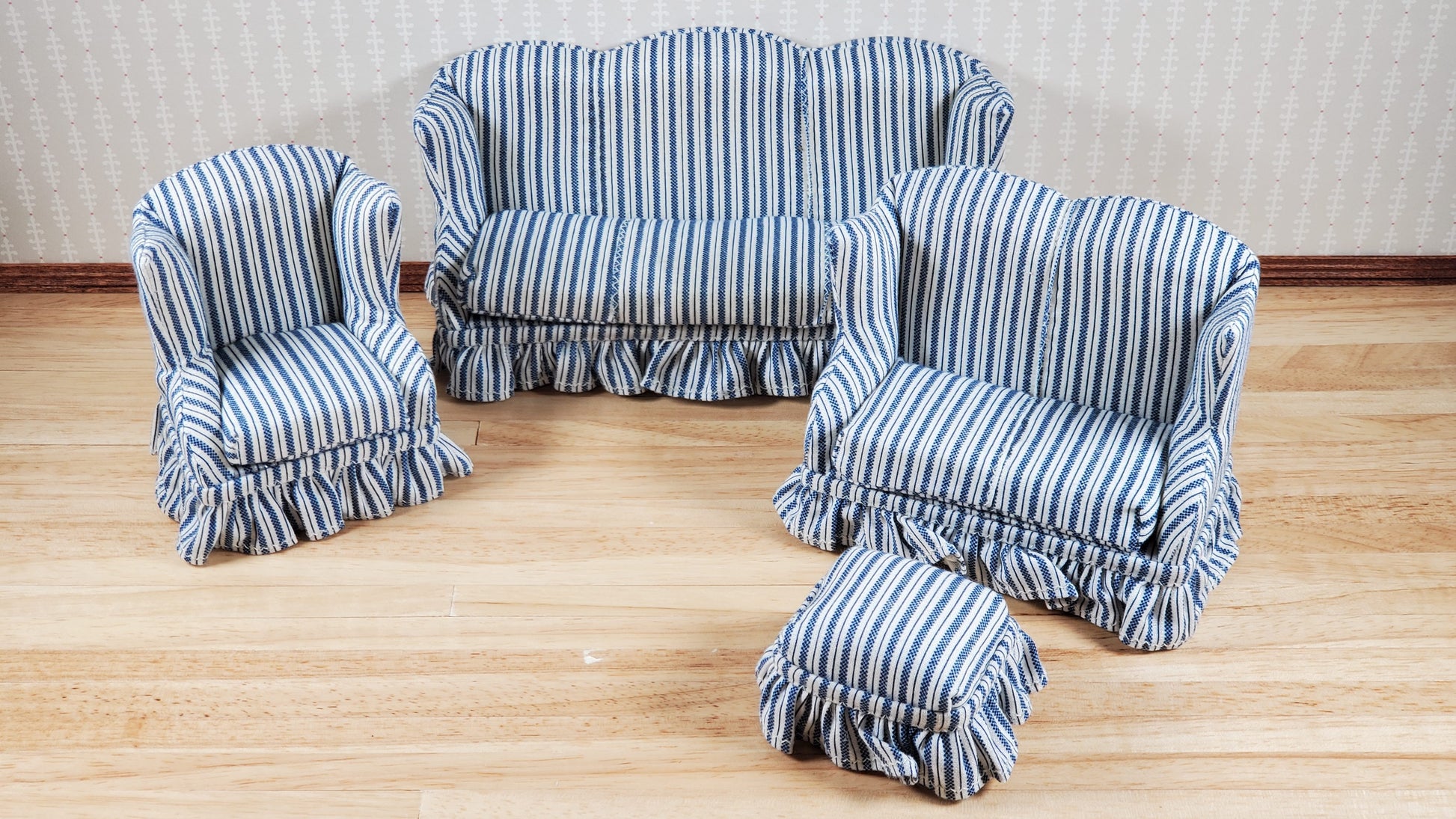 Dollhouse Living Room Set 4 pc Blue White Striped 1:12 Scale Miniature Furniture