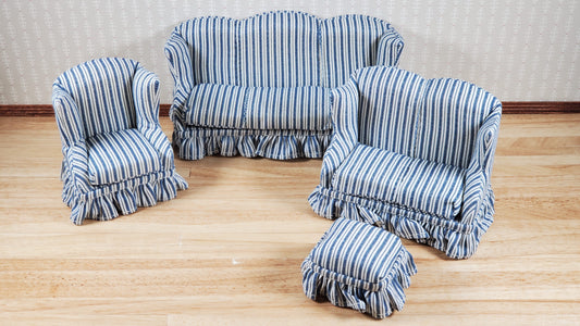 Dollhouse Living Room Set 4 pc Blue White Striped 1:12 Scale Miniature Furniture