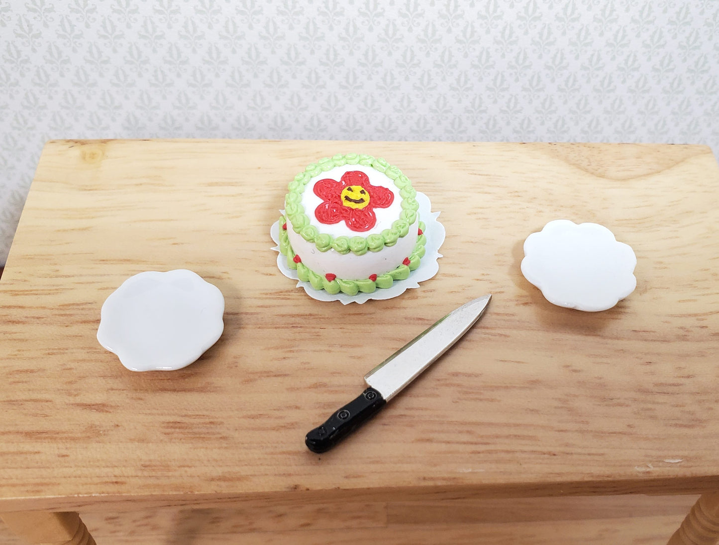 Dollhouse Red Flower Cake with Green Piping 1:12 Scale Miniature Dessert Bakery
