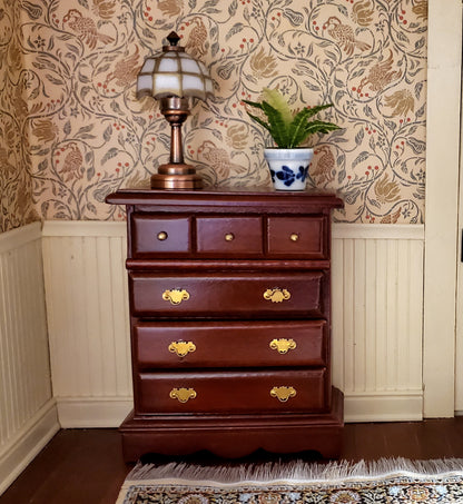 Dollhouse Miniature Dresser Chest Tall 4 Drawer 1:12 Scale Mahogany Finish