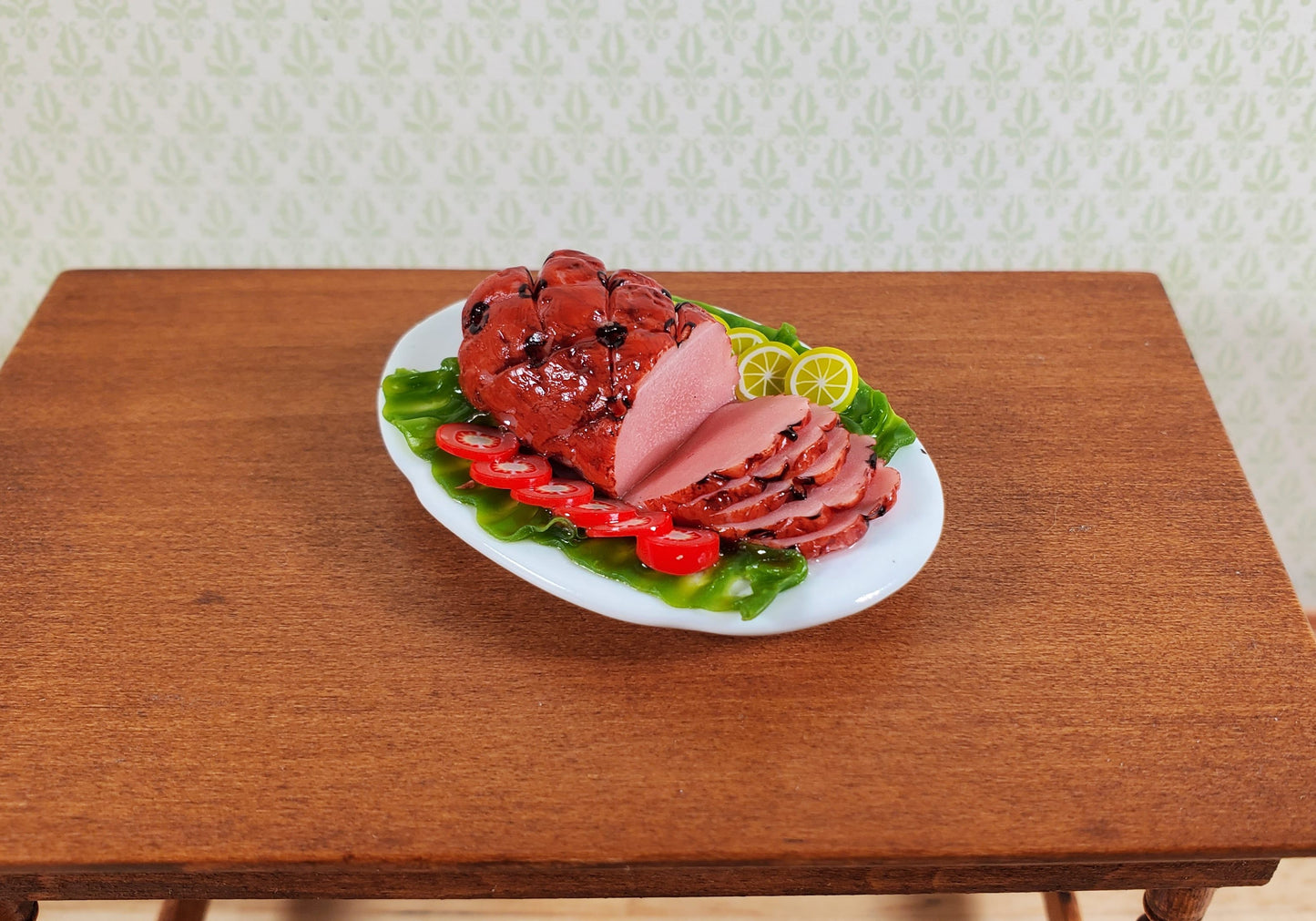 Dollhouse Sliced Ham with Garnishes on an Oval Platter 1:12 Scale Miniature Food