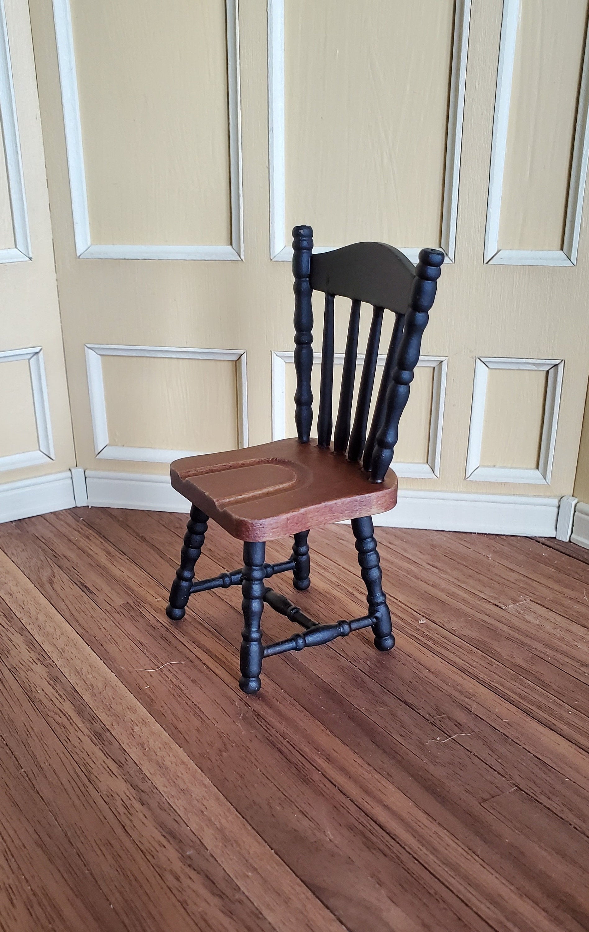 Dollhouse Miniature Kitchen Chair Black & Dark Walnut Spindle Back 1:12 Scale