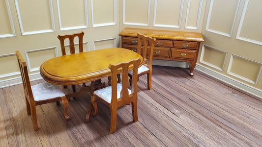 Dollhouse Dining Room Set Table Chairs Buffet in Walnut 1:12 Scale Miniature Furniture