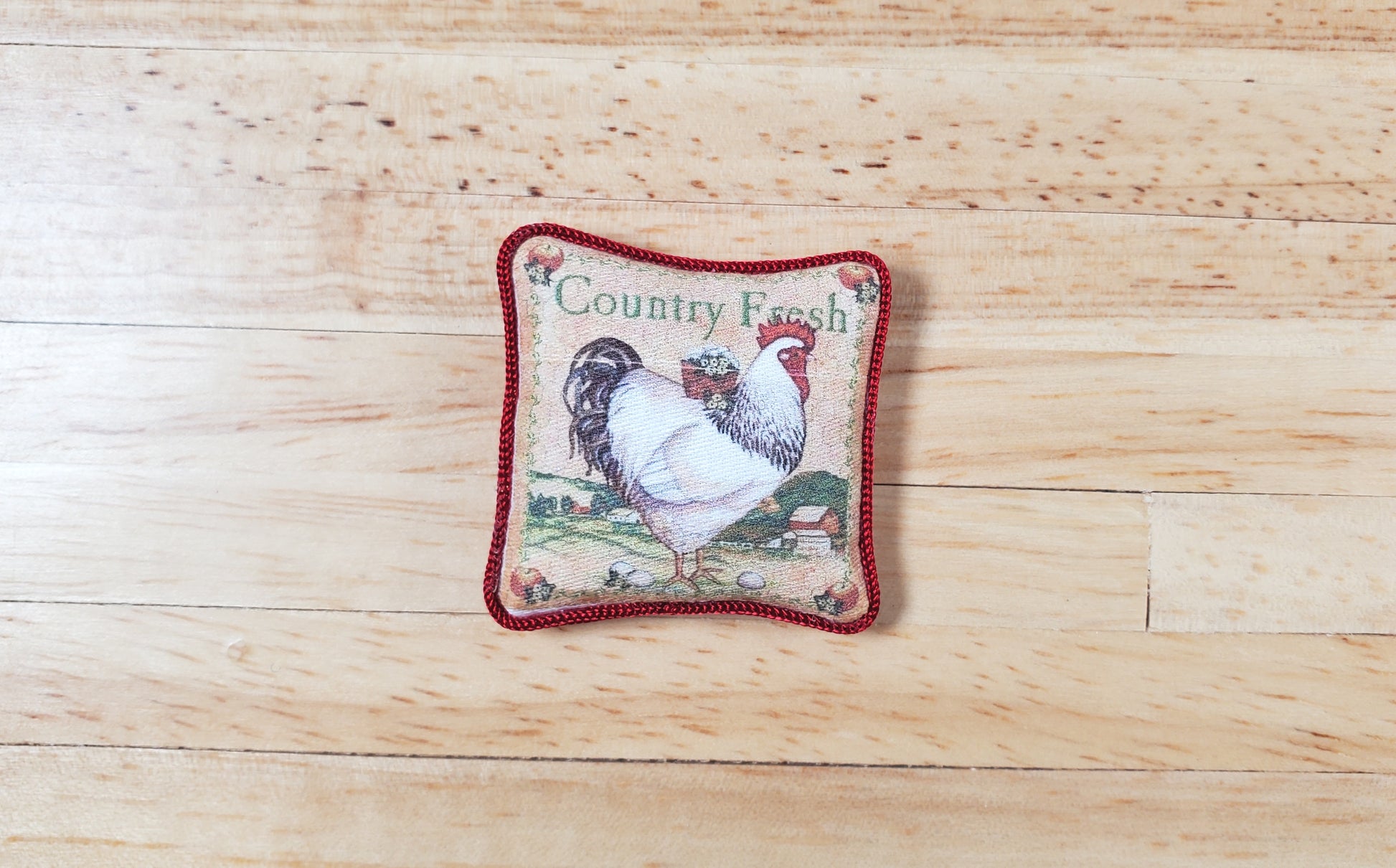 Dollhouse Country Rooster Pillow Red Trim Handmade 1:12 Scale Miniature