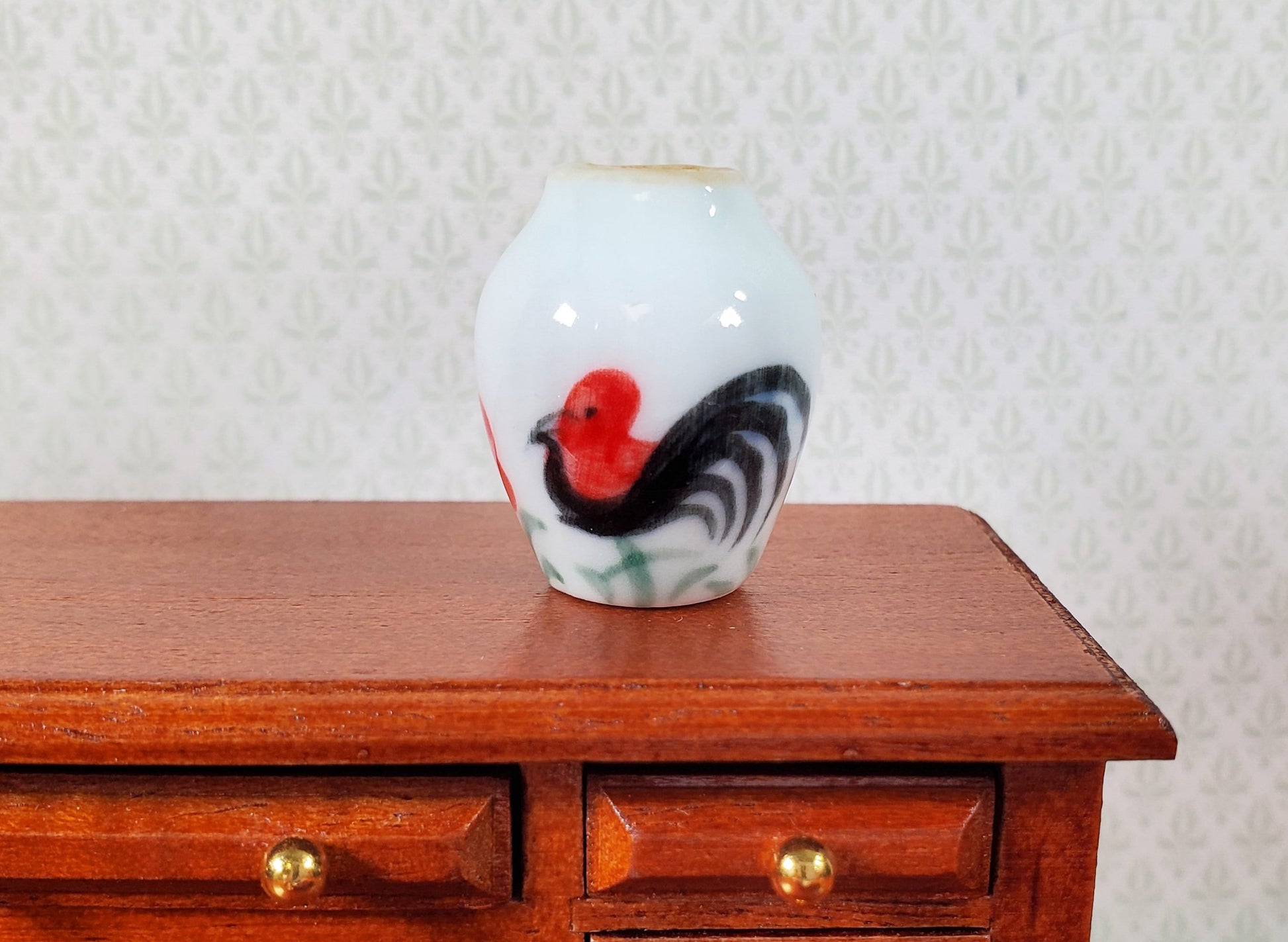 Dollhouse Rooster Design White Ceramic Vase 1:12 Scale Miniature