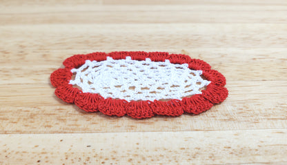 Dollhouse Hand Crocheted Oval Doily White with Red Trim 1:12 Scale Miniature