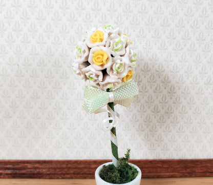 Dollhouse White Rose Wedding Topiary in a White Ceramic Pot 1:12 Scale Miniature