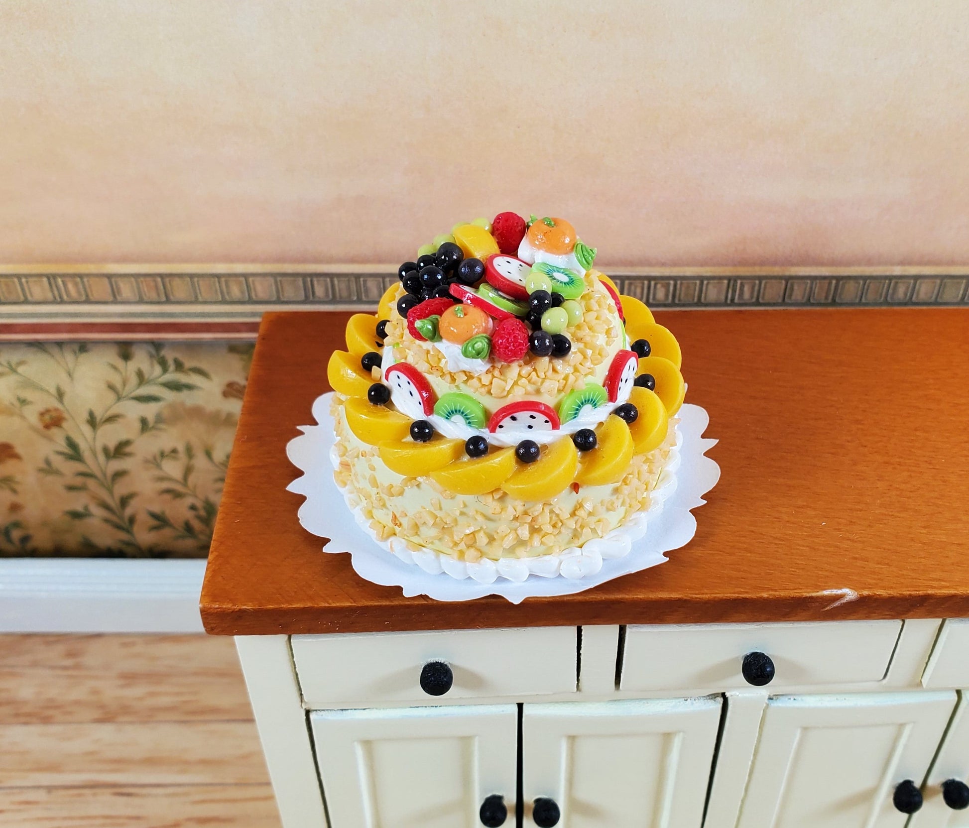 Dollhouse Large 2 Tier Cake with Fruit Topping 1:12 Scale Miniature Dessert Food
