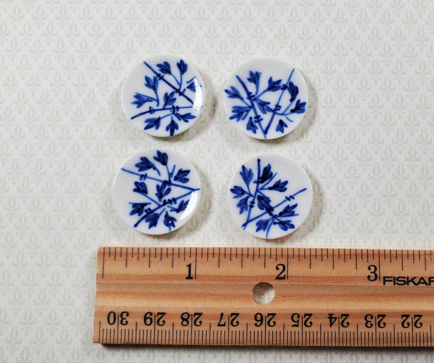 Dollhouse Dinner Plates Cobalt Sprigs Ceramic Set of 4 1:12 Scale Miniature 1"