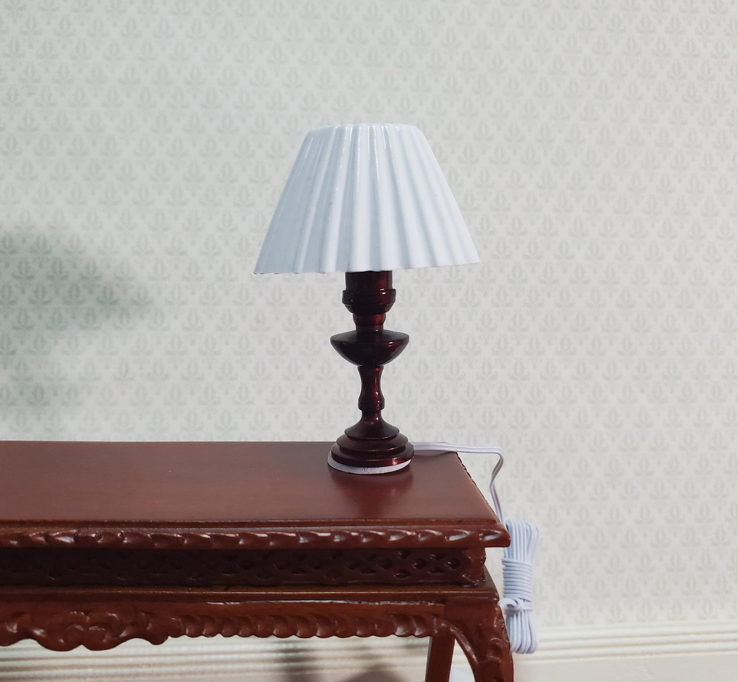 Dollhouse Miniature Table Lamp White Shade Bronze Base 1:12 Scale 12 volt with Plug