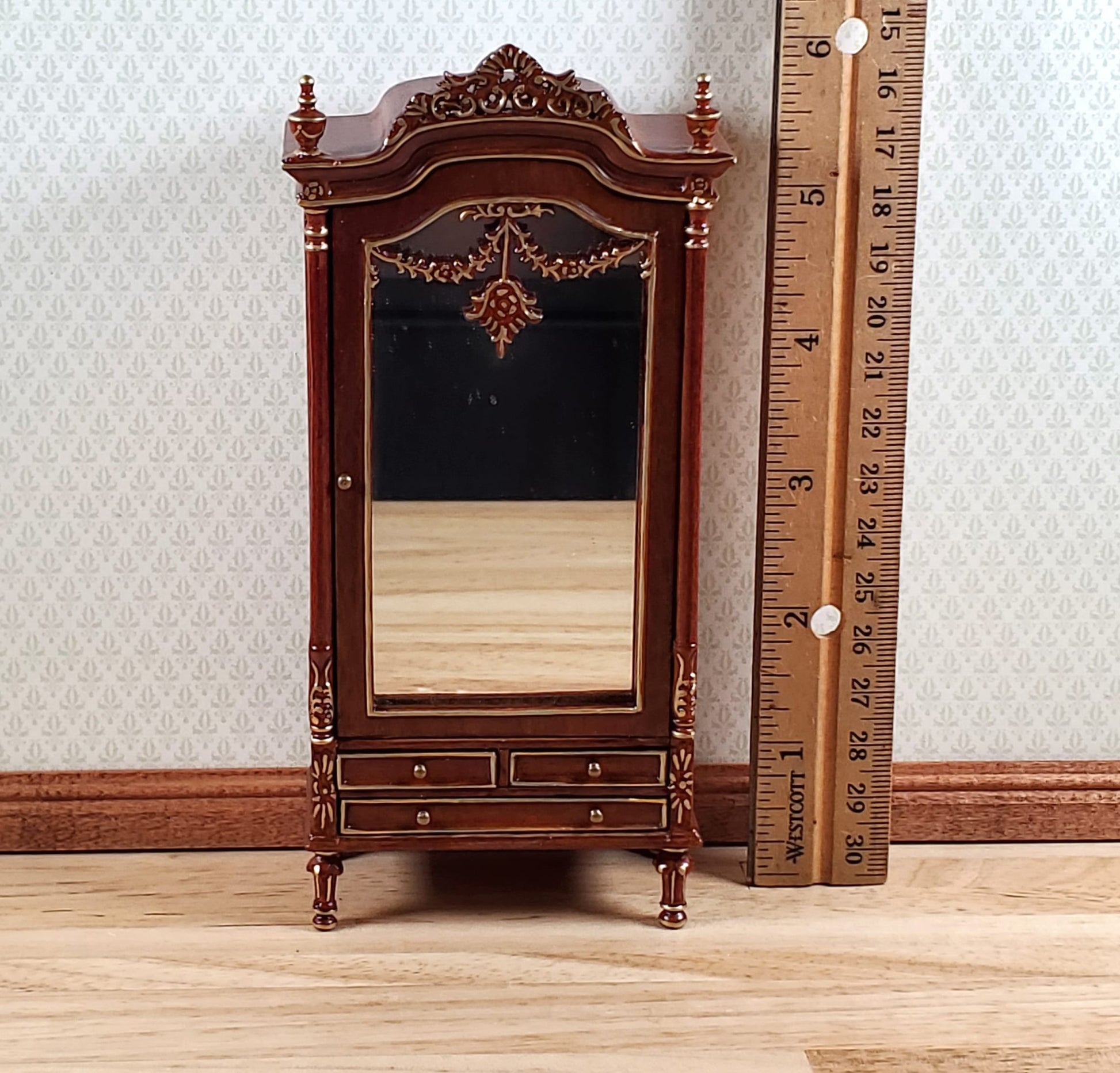 Dollhouse Mirrored Wardrobe Walnut Finish 1:12 Scale by Hansson Miniatures