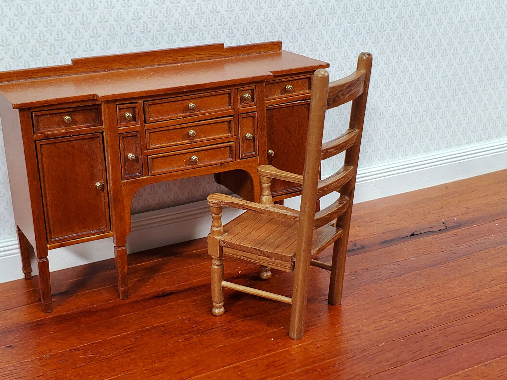 Dollhouse Arm Chair Ladderback Style Narrow Slim Profile 1:12 Scale Walnut Finish