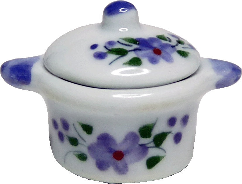 Dollhouse Ceramic Stock Pot with Lid Purple Floral 1:12 Scale Miniature