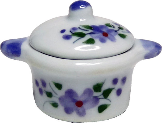 Dollhouse Ceramic Stock Pot with Lid Purple Floral 1:12 Scale Miniature