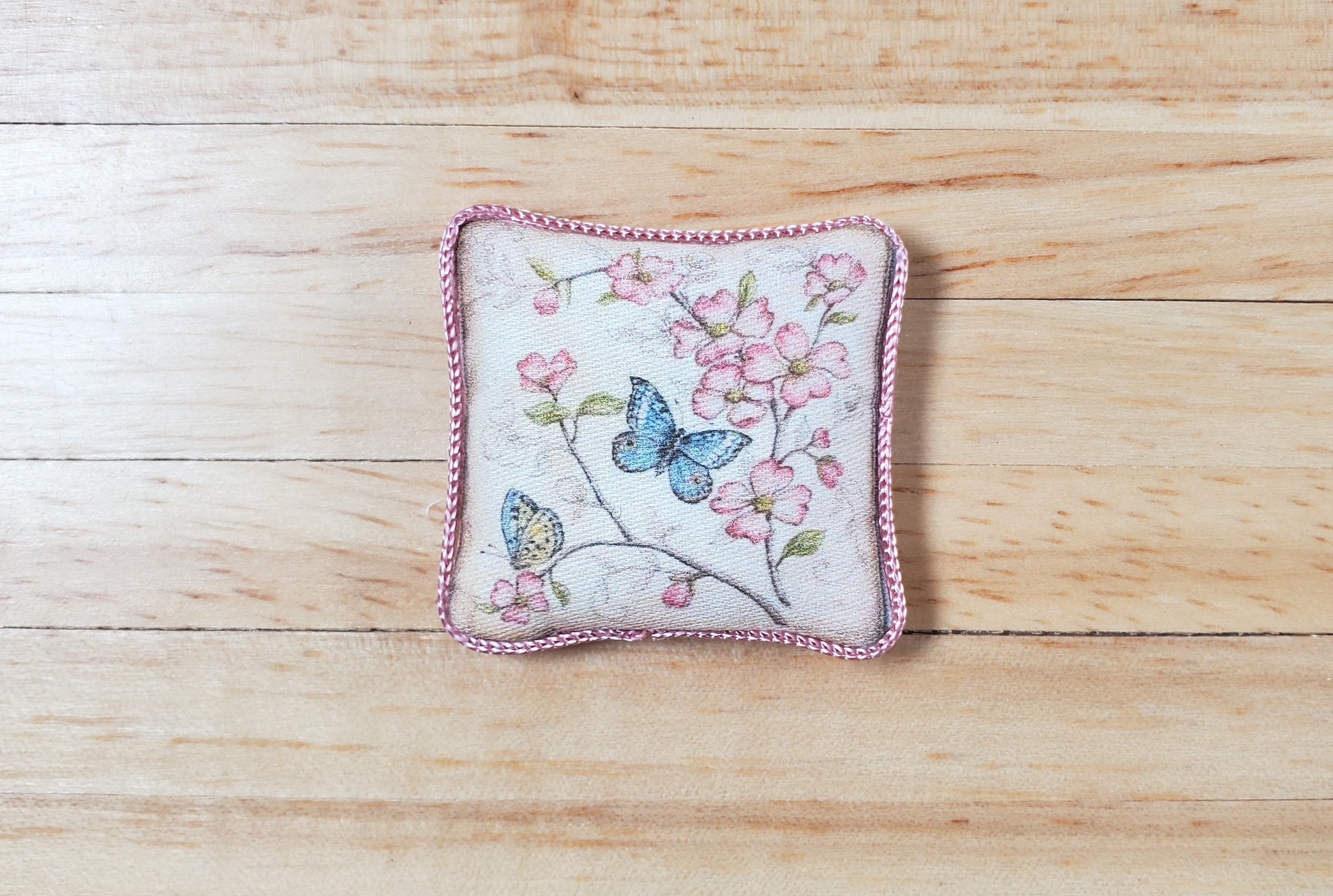 Dollhouse Blue Butterfly Pillow Lavender Trim Handmade 1:12 Scale Miniature