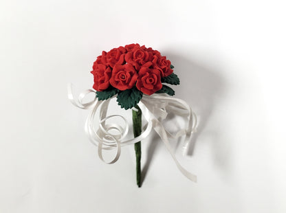 Dollhouse Red Roses Bridal Bouquet with White Ribbons 1:12 Scale Miniature