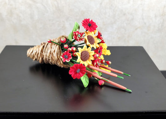 Dollhouse Cornucopia Red & Yellow Floral Arrangement in 1:12 Scale Miniature