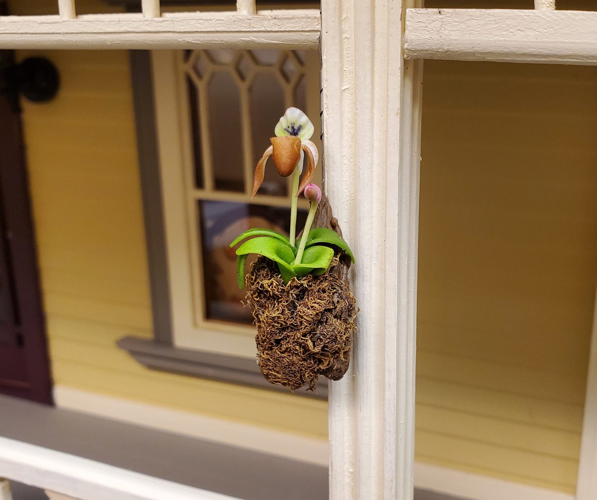 Dollhouse Hanging Cup Orchid on Bark with Moss Flowering Plant 1:12 Scale