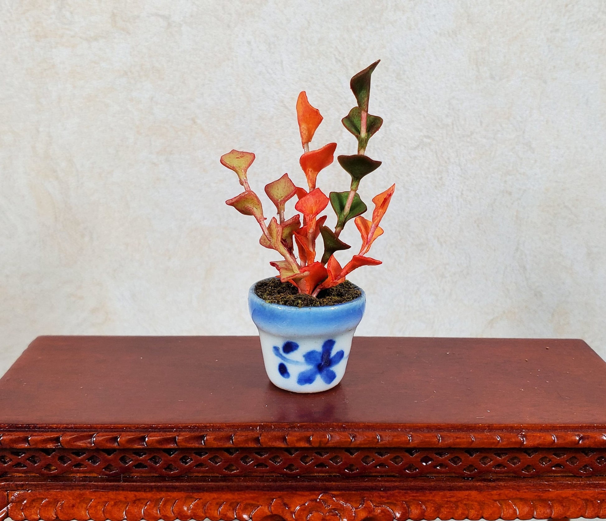 Dollhouse Orange Ivy Plant in Blue & White Ceramic Pot 1:12 Scale Miniature