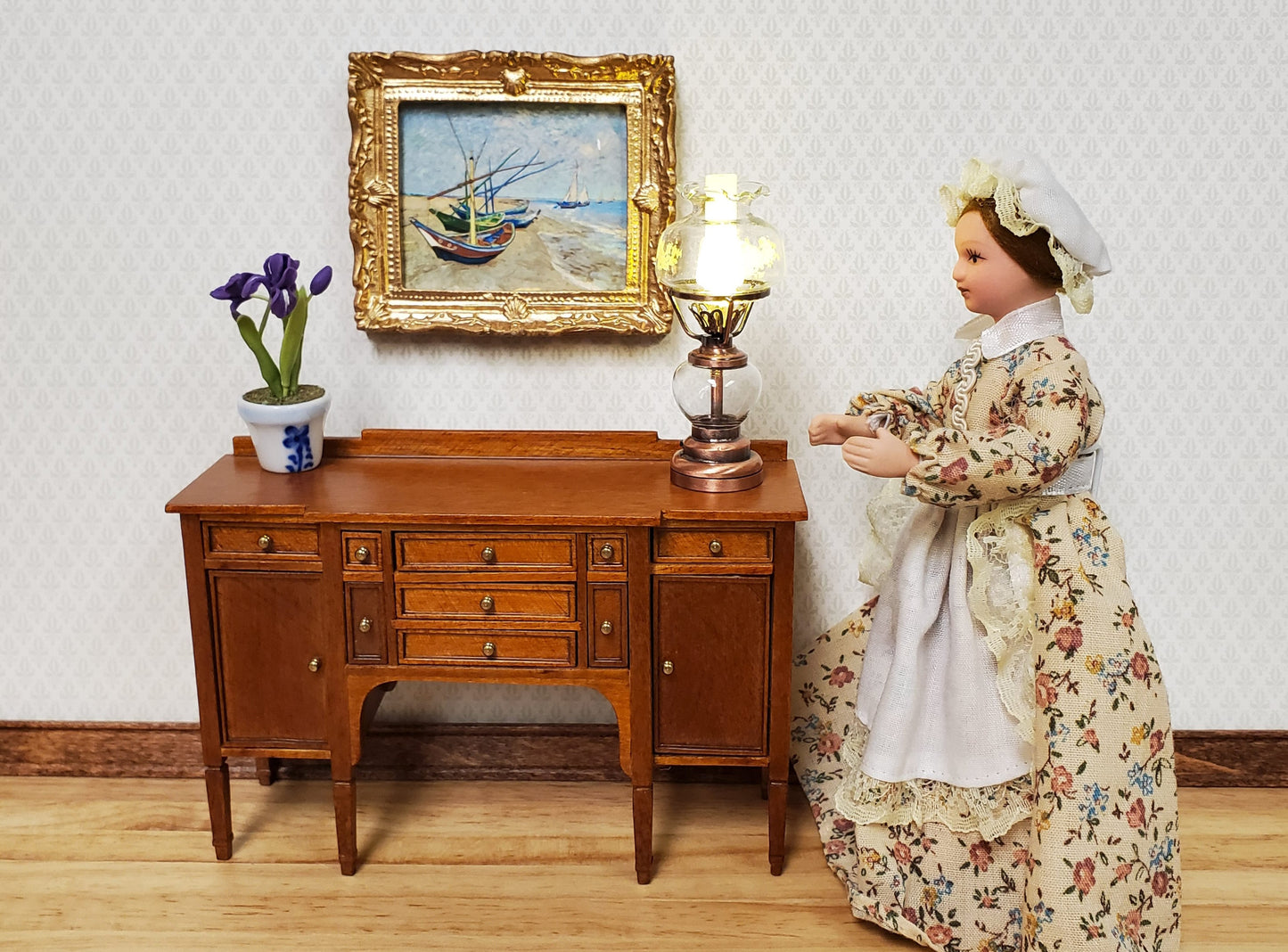 Dollhouse Light Hurricane Oil Lamp Battery Operated Copper 1:12 Scale Miniature