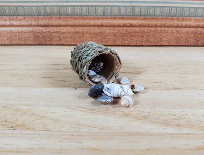 Tiny Seashells in Small Round Natural Fiber Basket 1:12 Scale Miniature