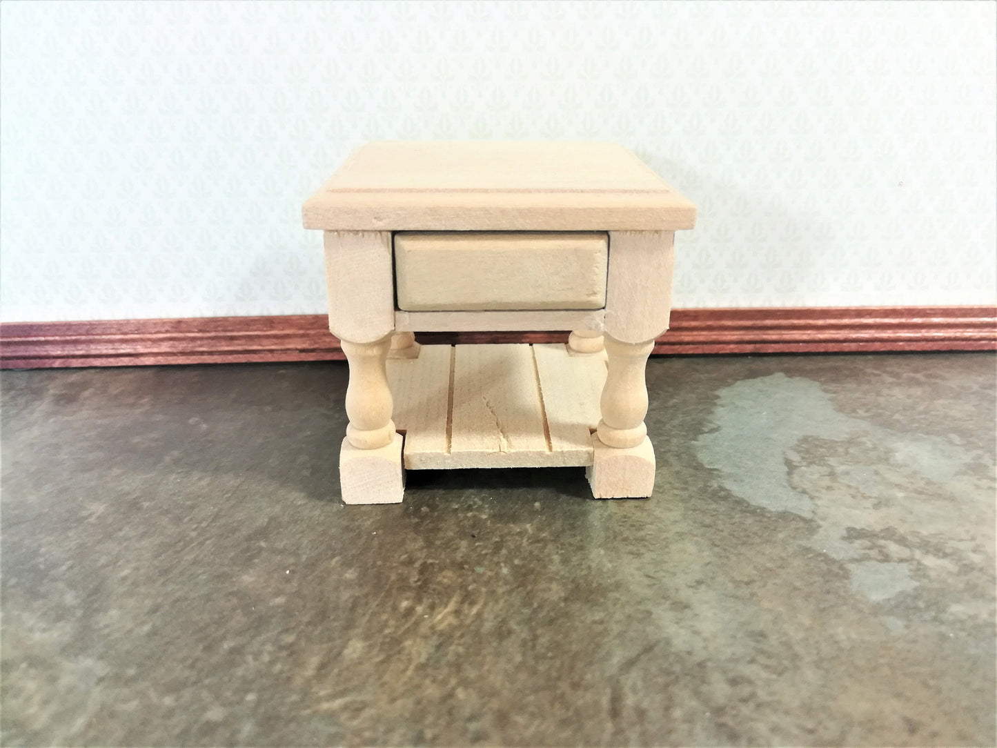 Dollhouse Miniature Side Table or Night Stand with Drawer Unpainted Wood Tudor Style 1:12 Scale Wood