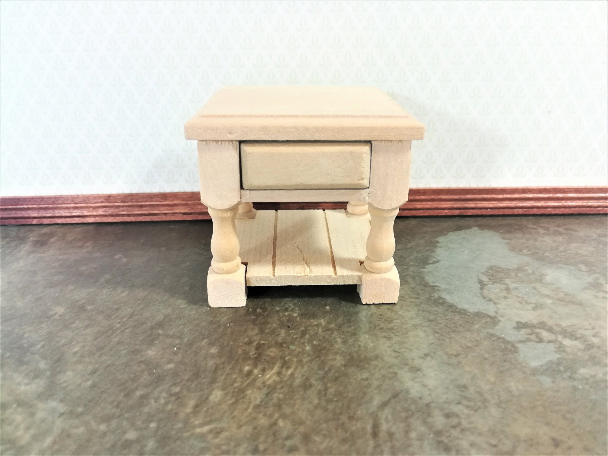 Dollhouse Miniature Side Table or Night Stand with Drawer Unpainted Wood Tudor Style 1:12 Scale Wood