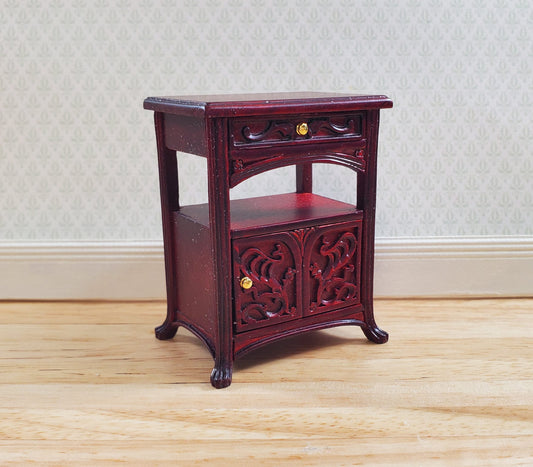 JBM Dollhouse Art Nouveau Side Table Nightstand 1:12 Scale Mahogany Finish