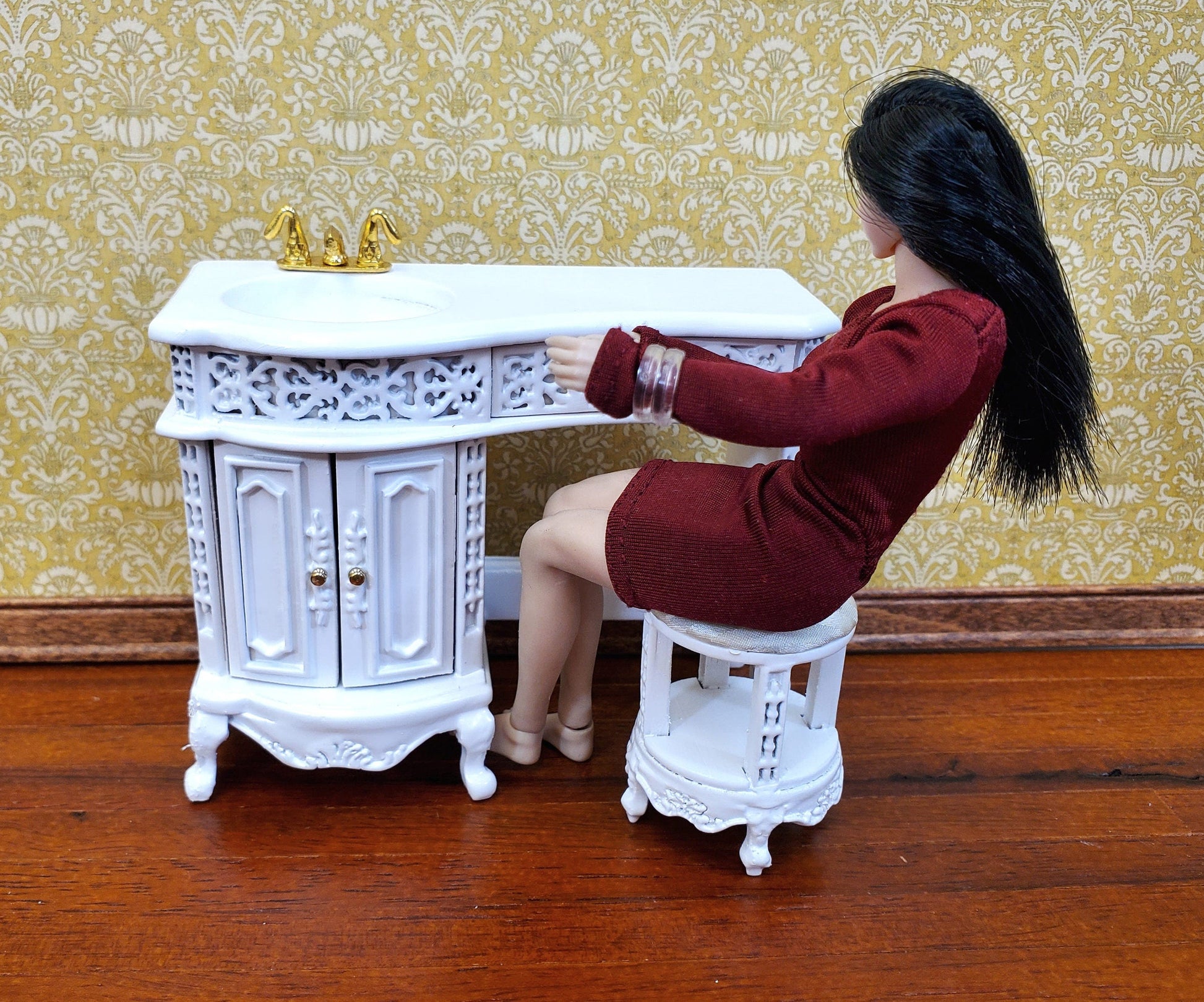 Dollhouse Bathroom Vanity Sink with Stool White Wood 1:12 Scale Miniature Furniture