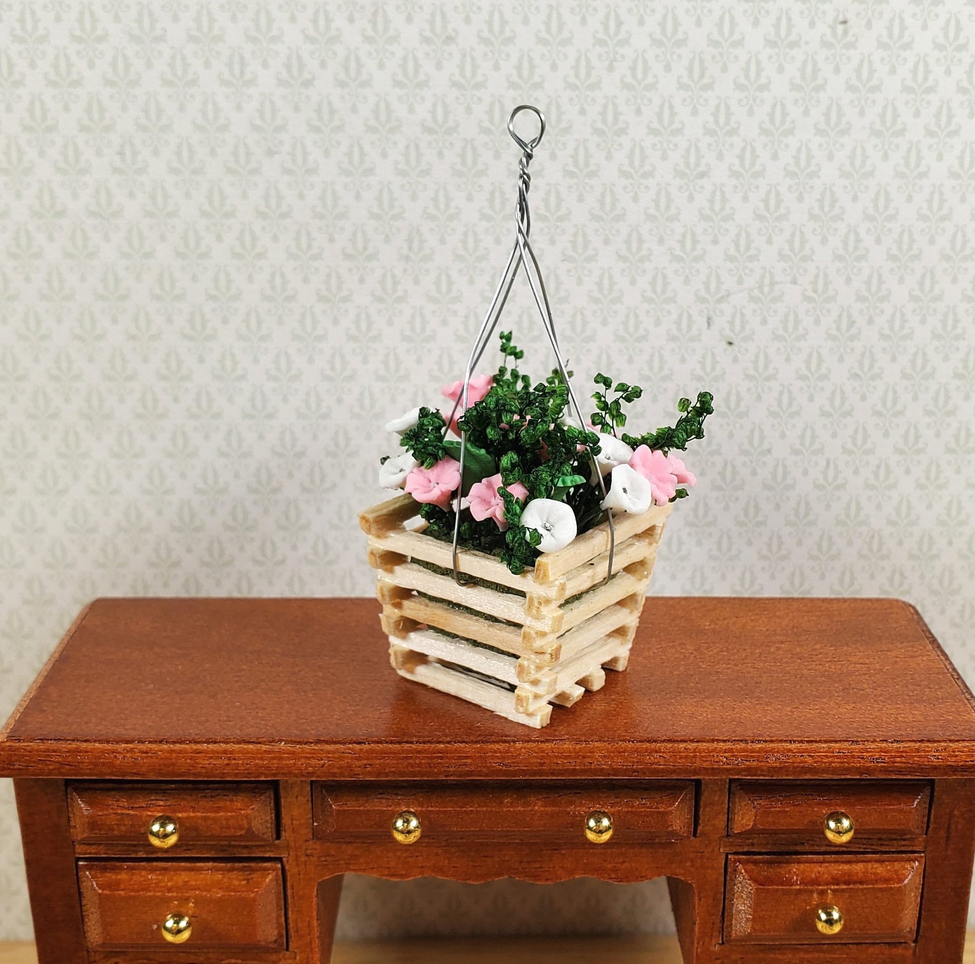 Dollhouse Pink & White Flowers in a Wood Hanging Planter 1:12 Scale Miniature