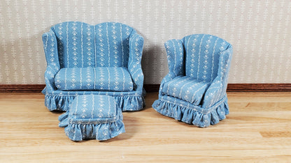 Dollhouse Small Sofa Chair Ottoman Blue Hearts 1:12 Scale Miniature Furniture
