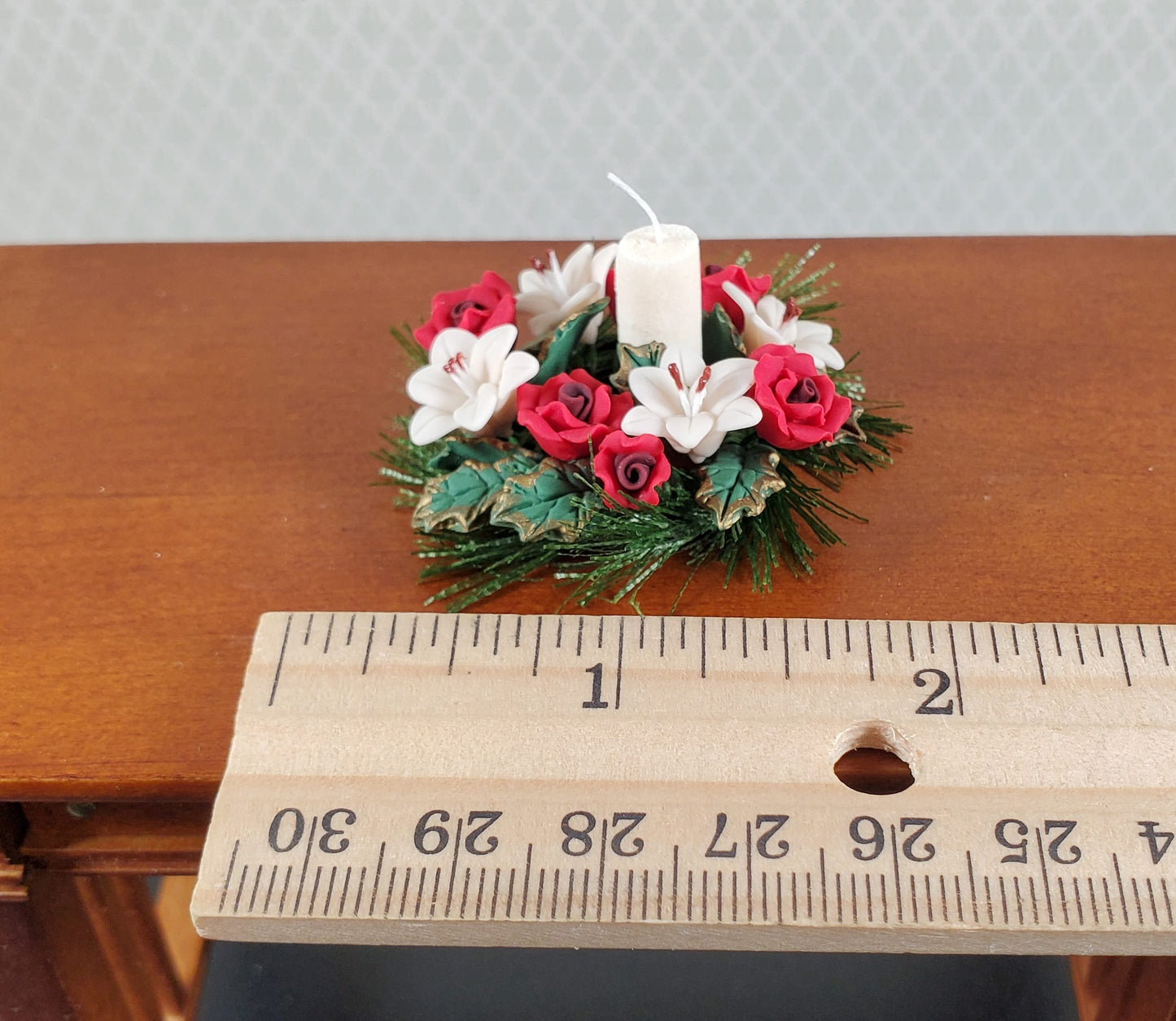 Dollhouse Red Roses & White Lilies Centerpiece with Candle 1:12 Scale Miniature