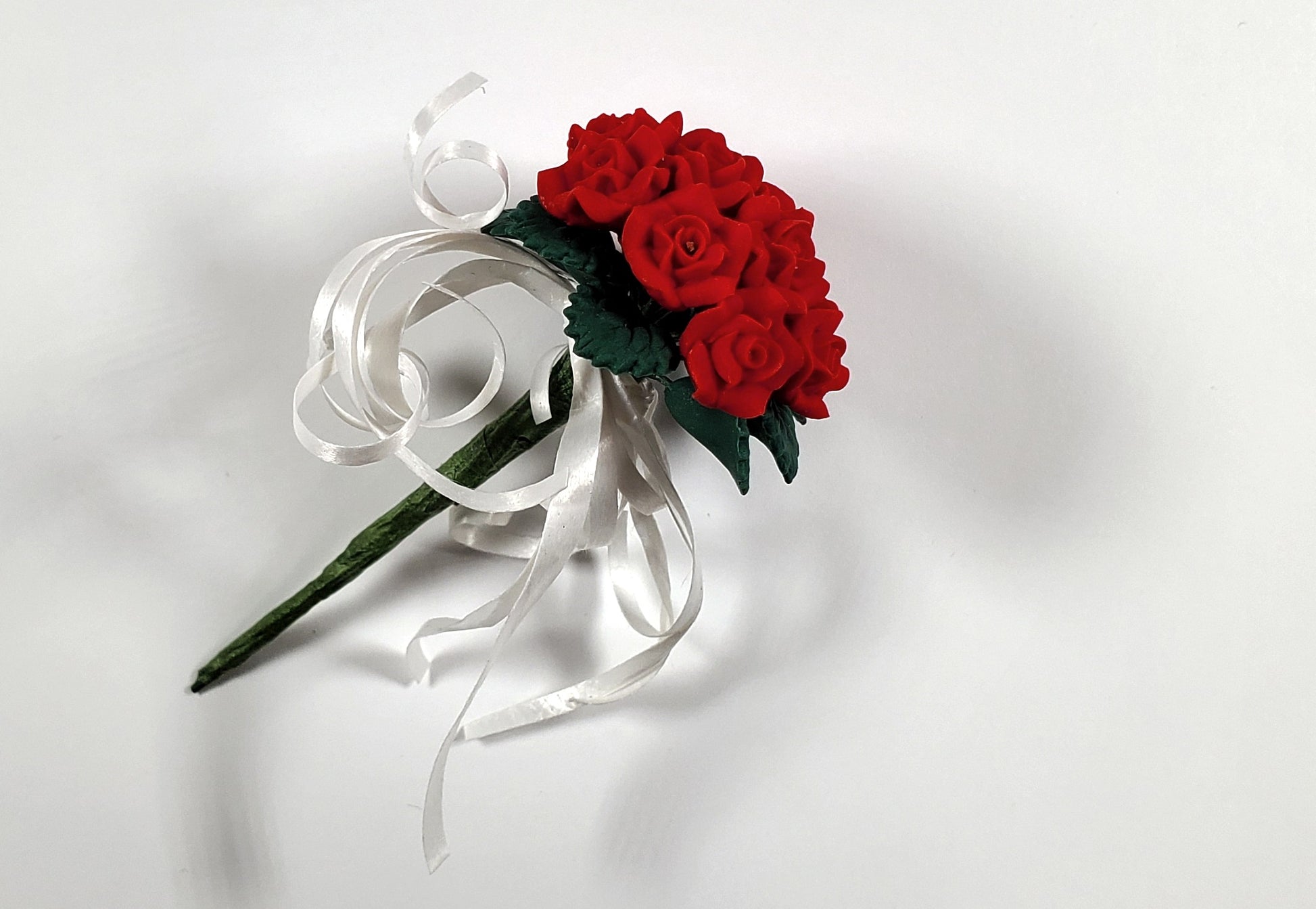Dollhouse Red Roses Bridal Bouquet with White Ribbons 1:12 Scale Miniature