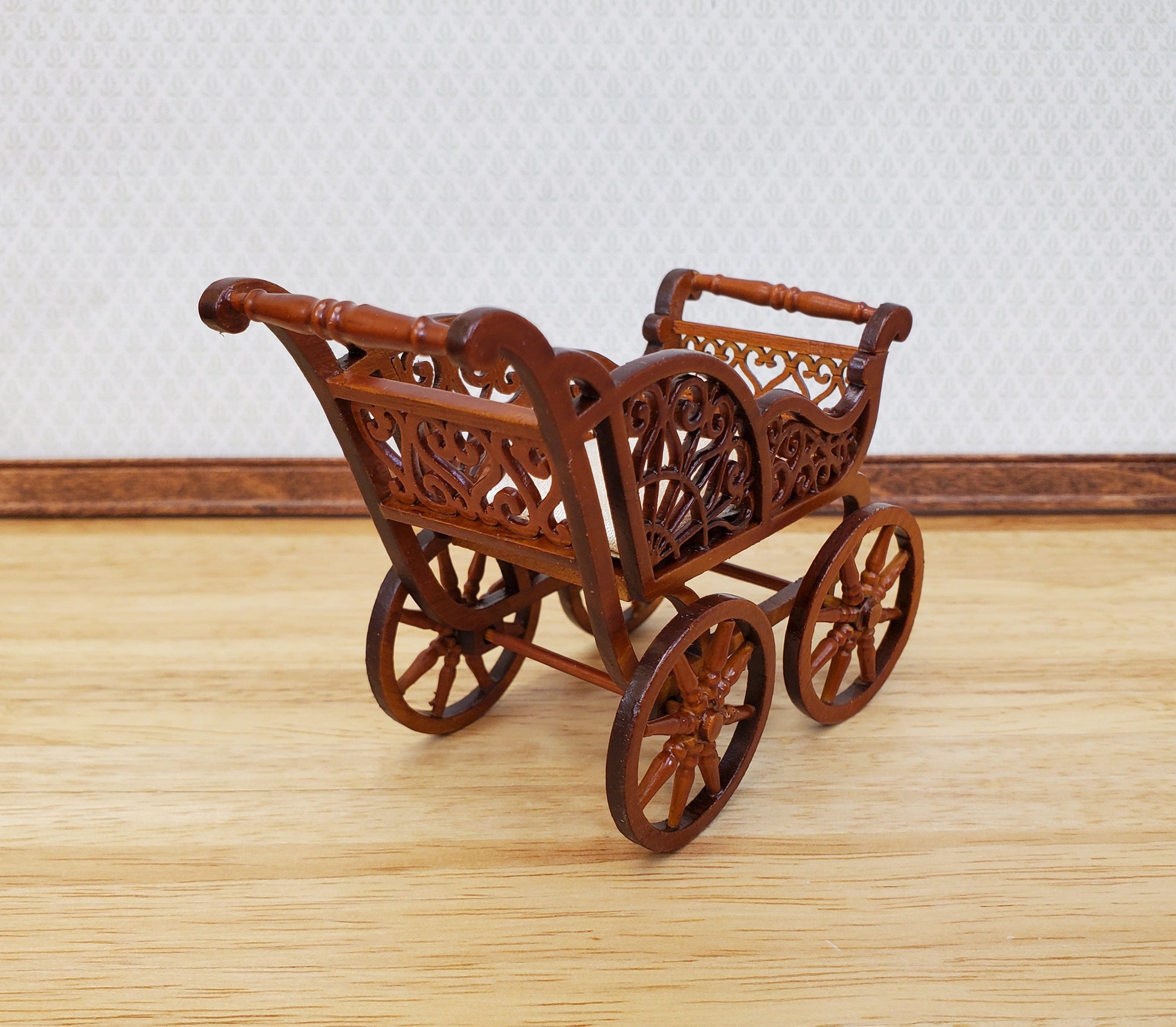 Dollhouse Baby Carriage Stroller Victorian Style 1:12 Scale Furniture Walnut Finish