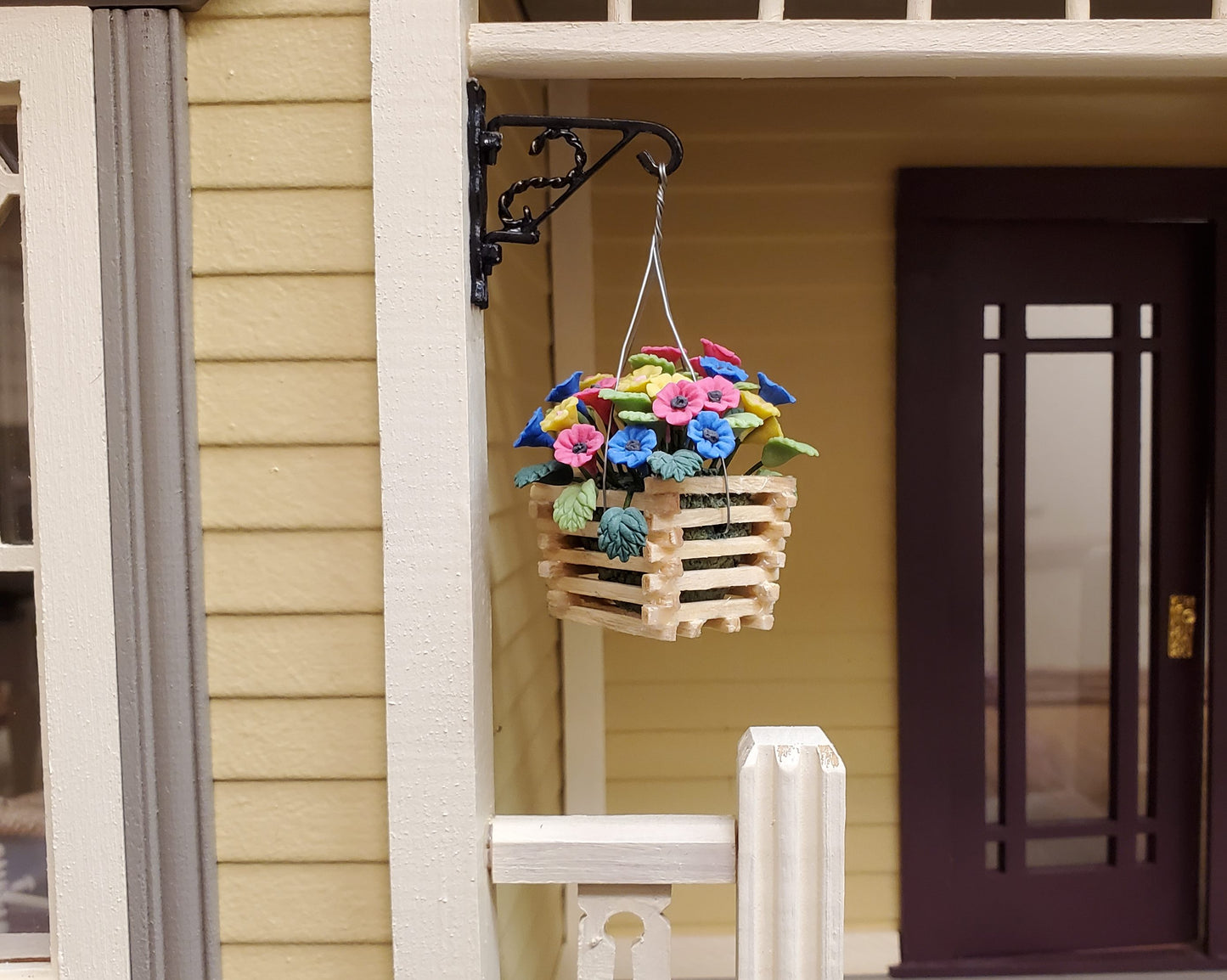 Dollhouse Hanging Basket of Petunias 1:12 Scale Miniature Flowers Wood Planter