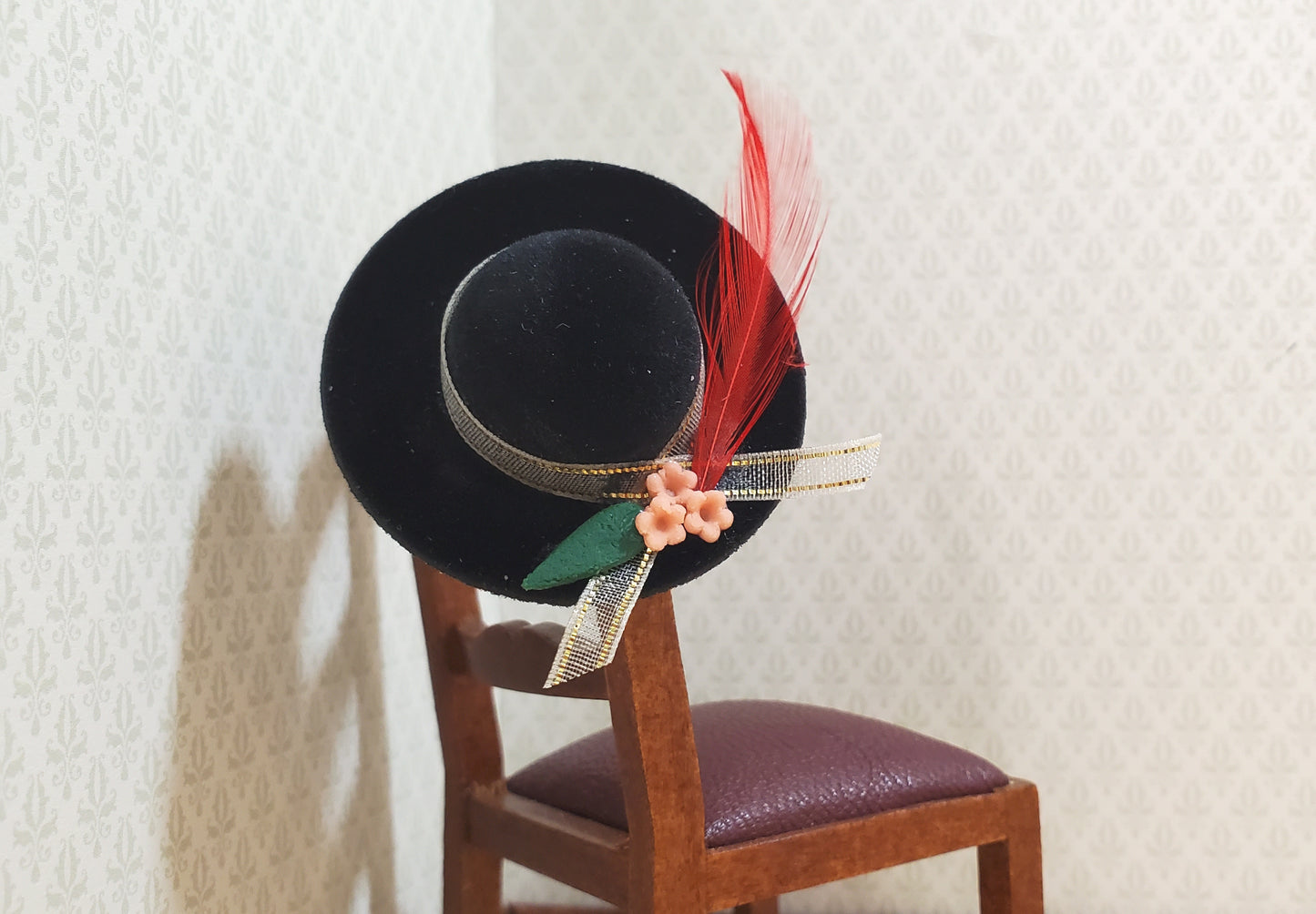 Dollhouse Black Velvet Hat with Feather & Flowers Wearable 1:12 Scale Miniature