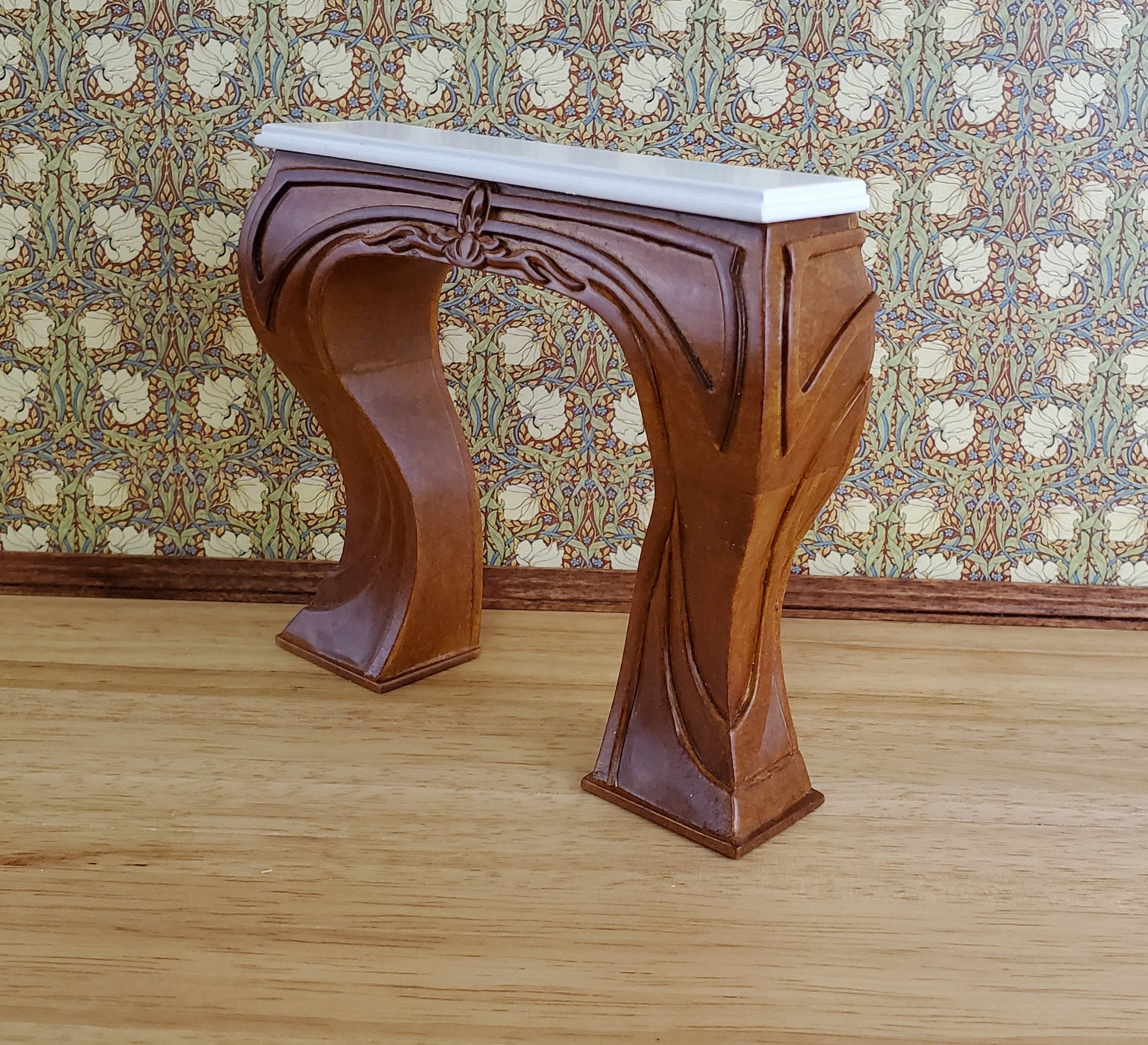 JBM Dollhouse Fireplace Art Nouveau Style 1:12 Scale Miniature Walnut Finish