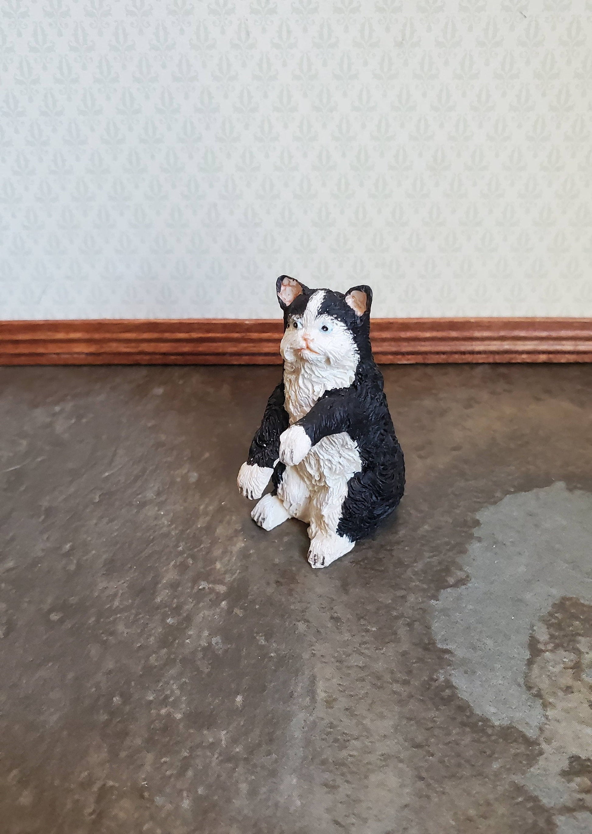 Dollhouse Miniature Kitty Cat Black & White Playful Long Fur 1:12 Scale Pets Animals